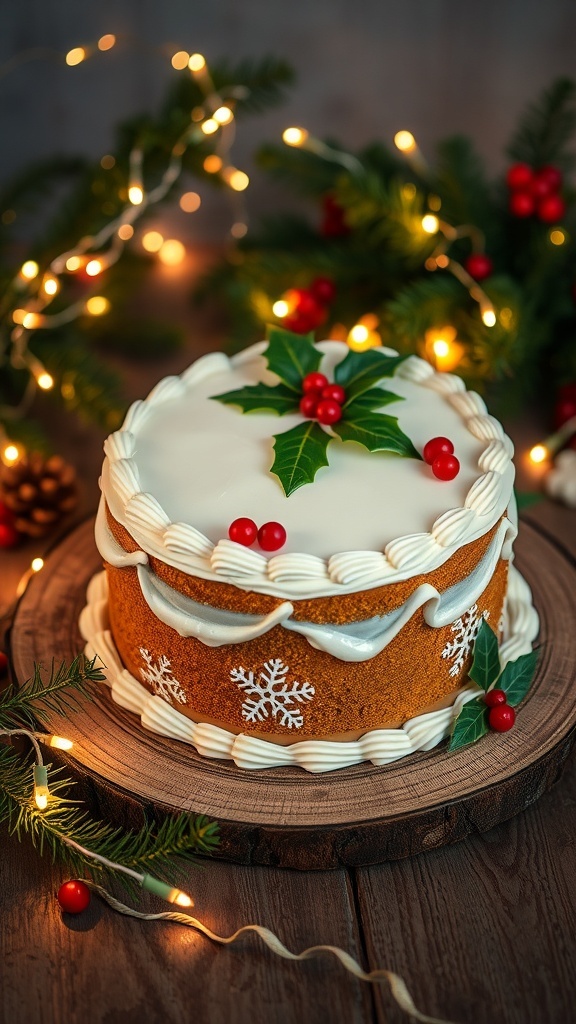 A festive Christmas cake decorated with marzipan, holly, and berries, on a wooden table with holiday decorations.